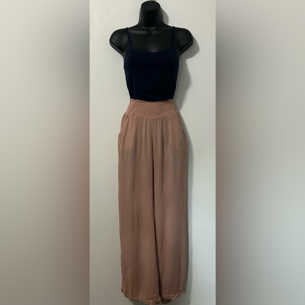Dusty rose/pink high-waisted elastic dress pants, with front and back pockets